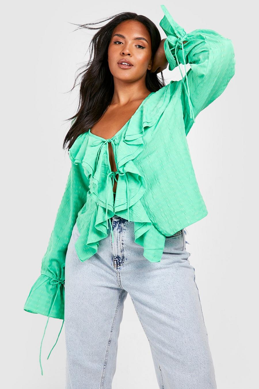 Green Plus Ruffle Front Tie Blouse image number 1