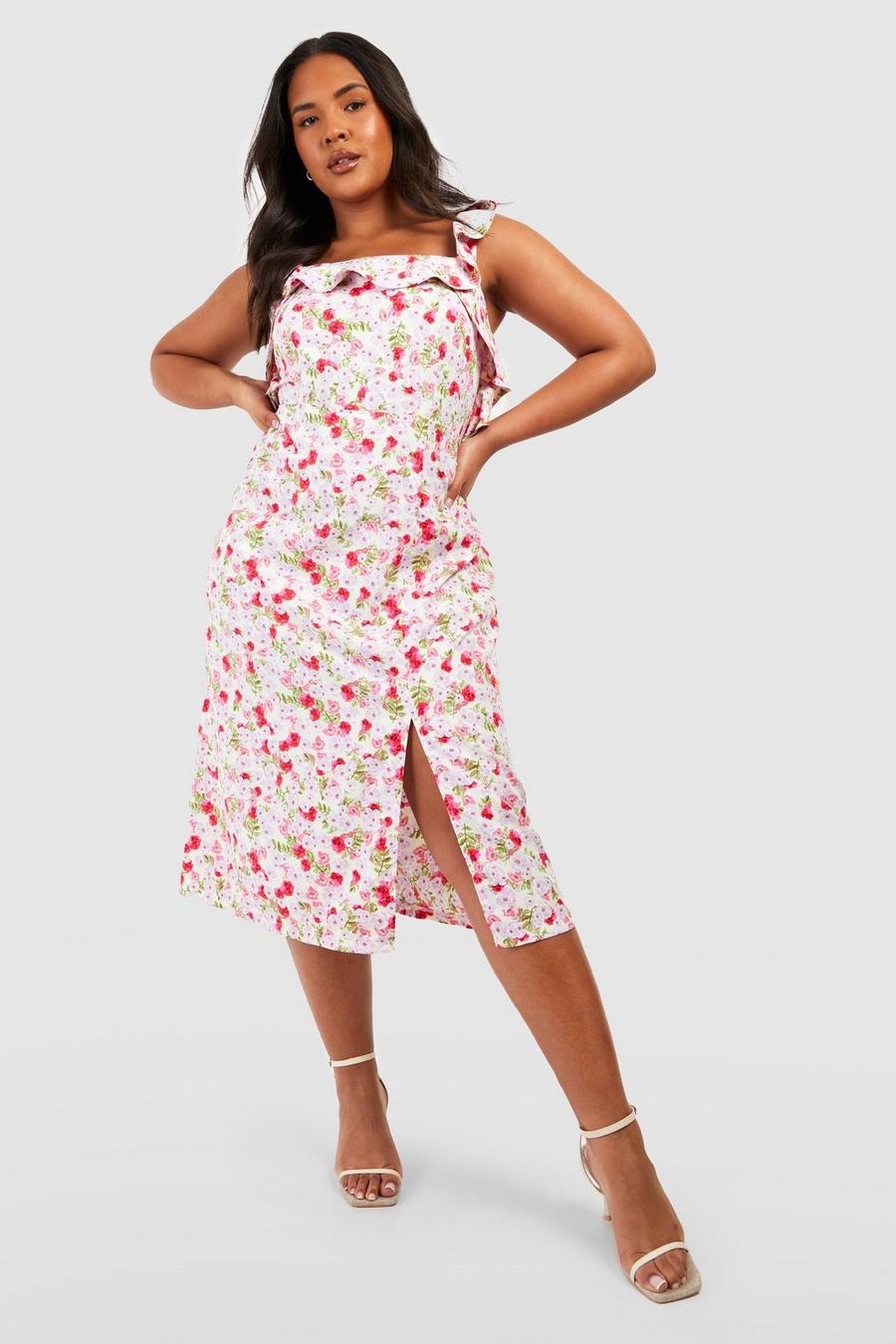 Vestito midi Plus Size a fiori con arricciature e laccetti sul retro, Pink image number 1