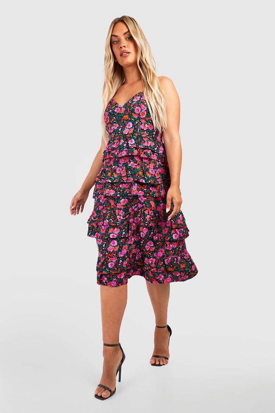 Plus Floral Ruffle Detail Strappy Midiaxi Dress image number 1