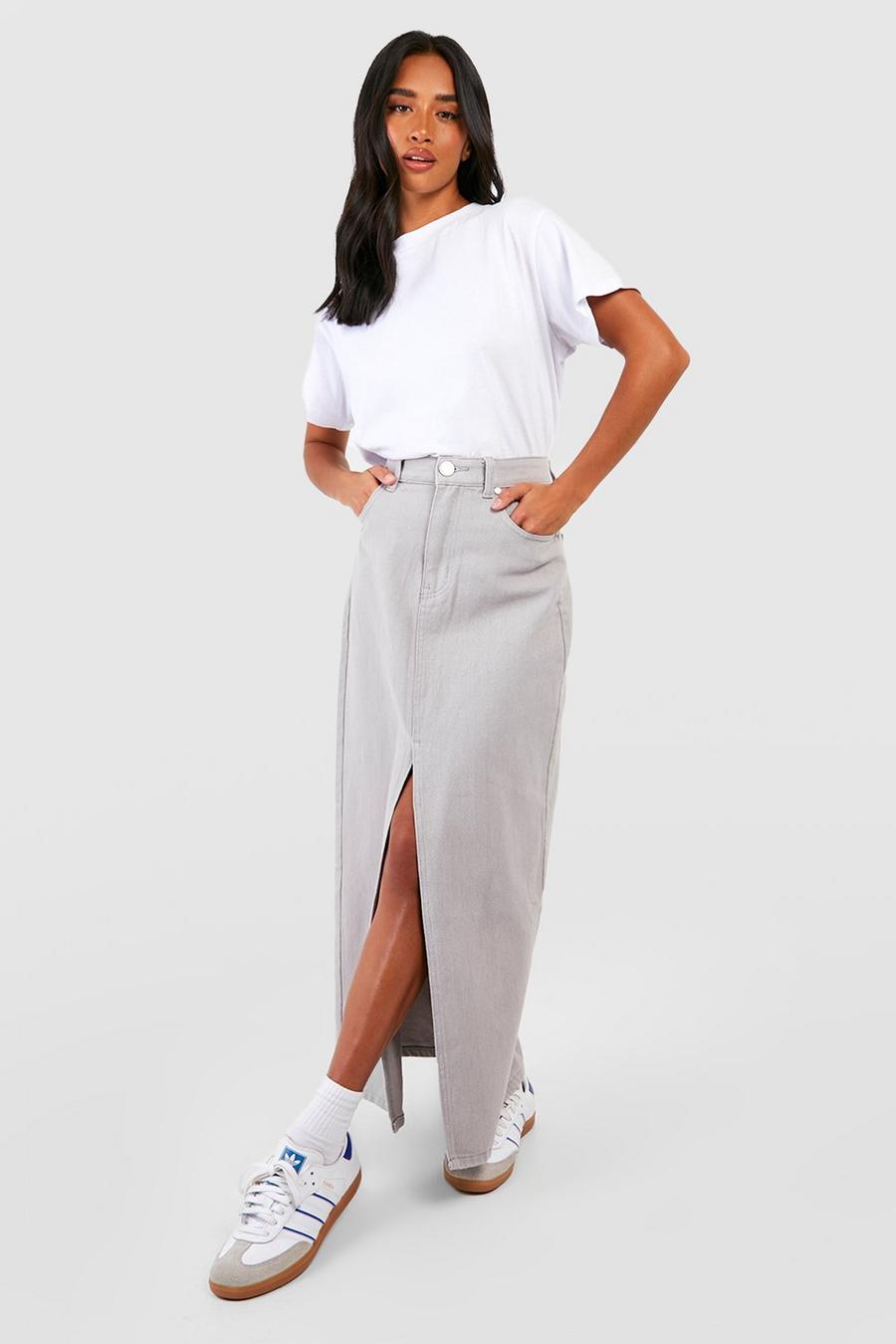 Petite Grey Wash Split Front Denim Midaxi Skirt