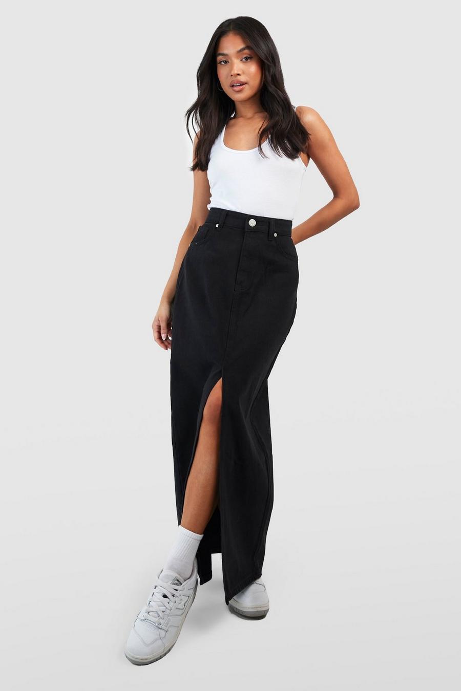 Black Petite Denim Split Front Maxi Skirt