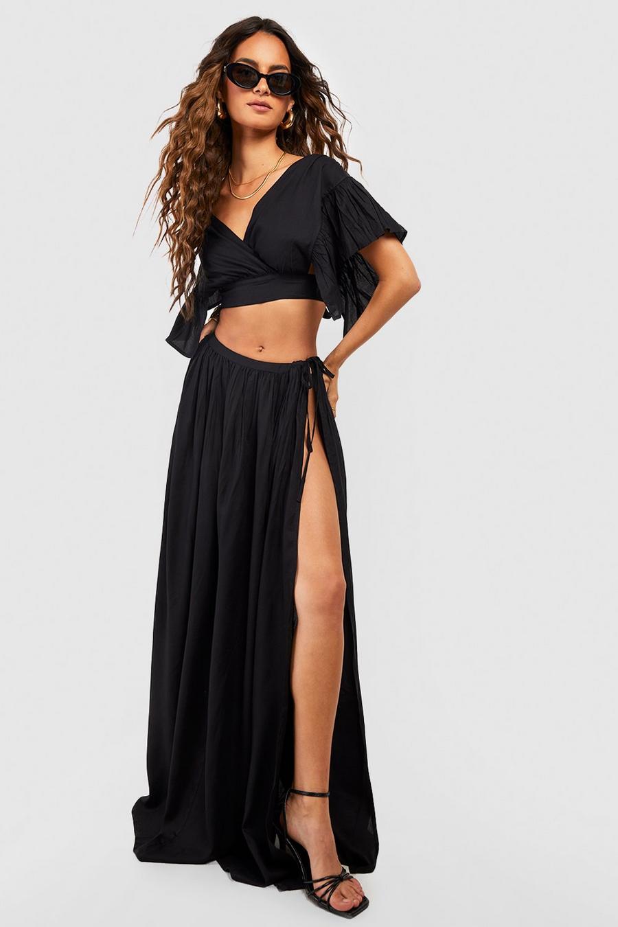 Black Ruffle Sleeve Crop & Thigh Split Maxi Skirt image number 1
