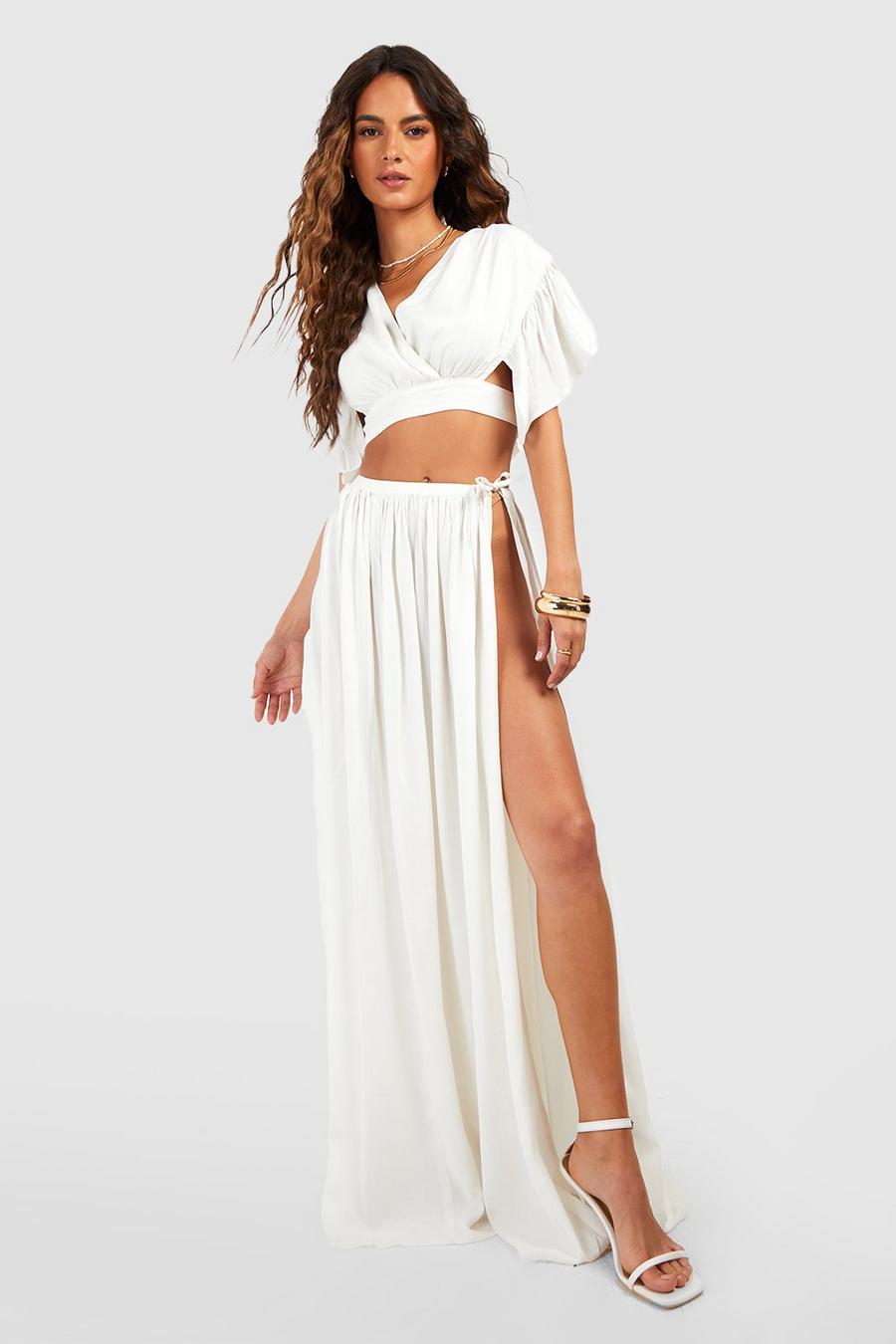 White Ruffle Sleeve Crop & Thigh Split Maxi Skirt