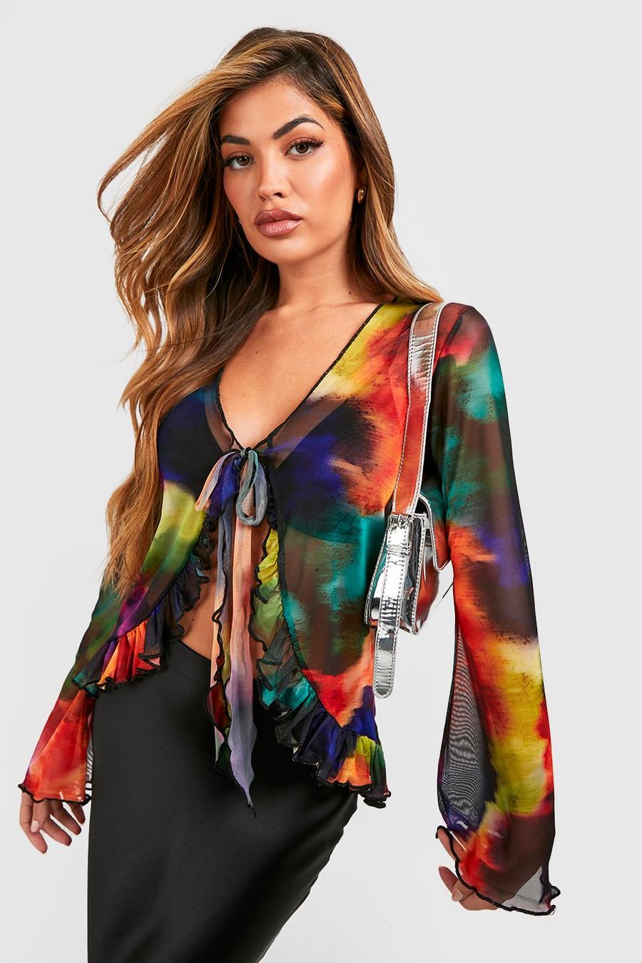 Multi Blurred Abstract Printed Mesh Tie Front Ruffle Top  image number 1