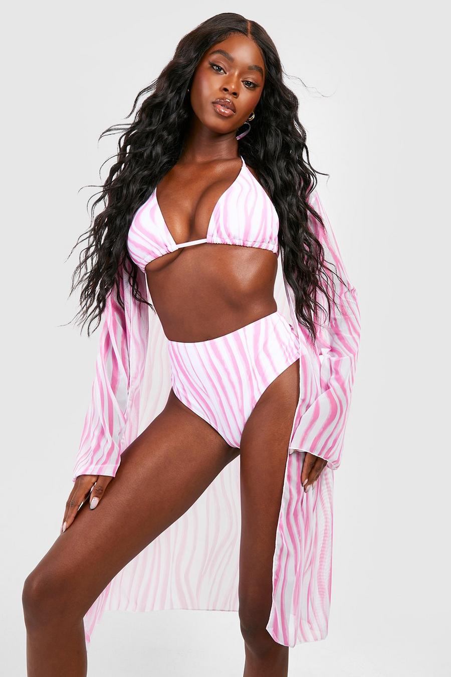 Pink 3-Delige Gewatteerde Marmerprint Bikini En Kimono Set