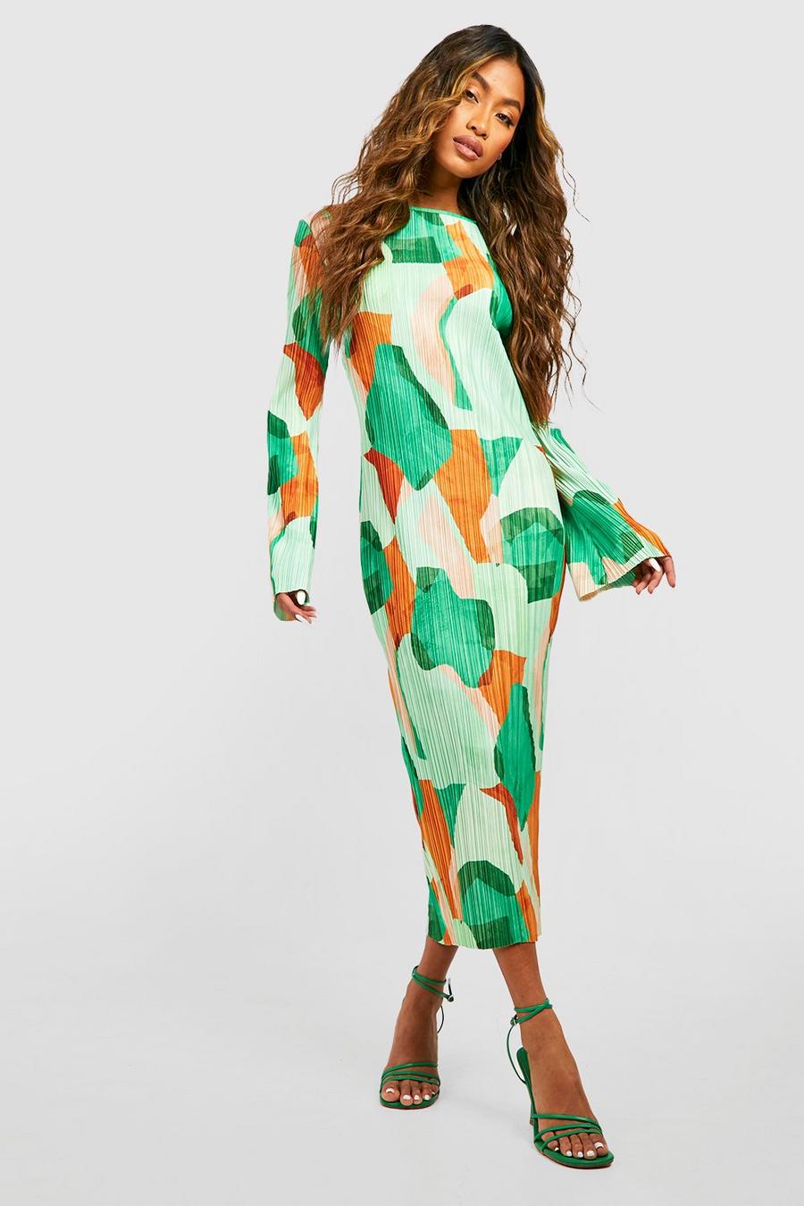 Green Abstract Printed Plisse Midi Dress