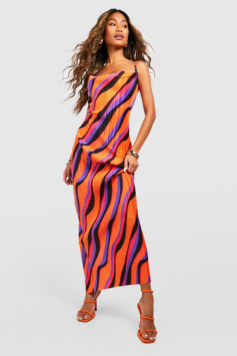 Vestido maxi plisado plisado con estampado abstracto, Purple image number 1