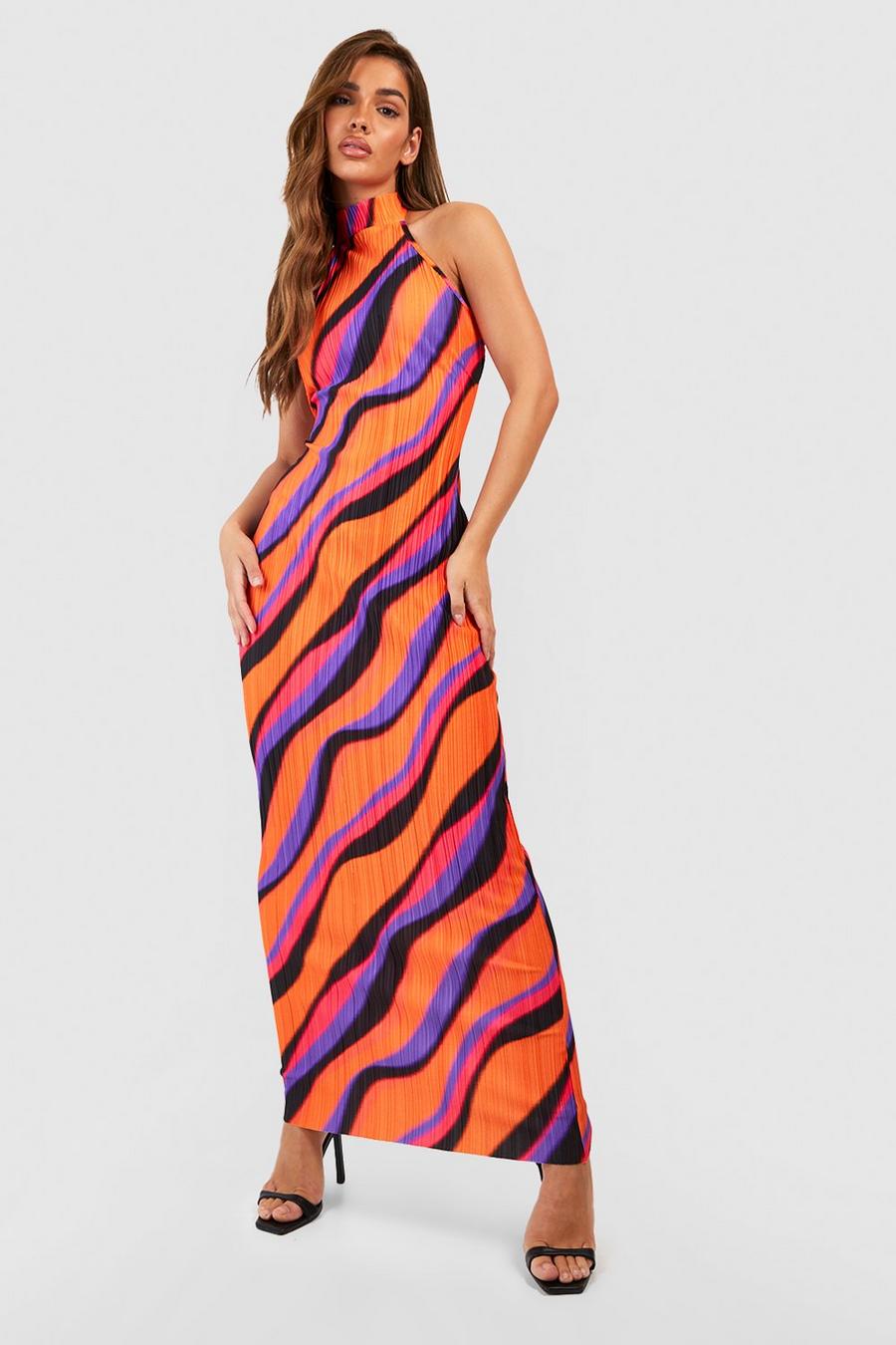 Purple Abstract Printed Plisse Halter Maxi Dress
