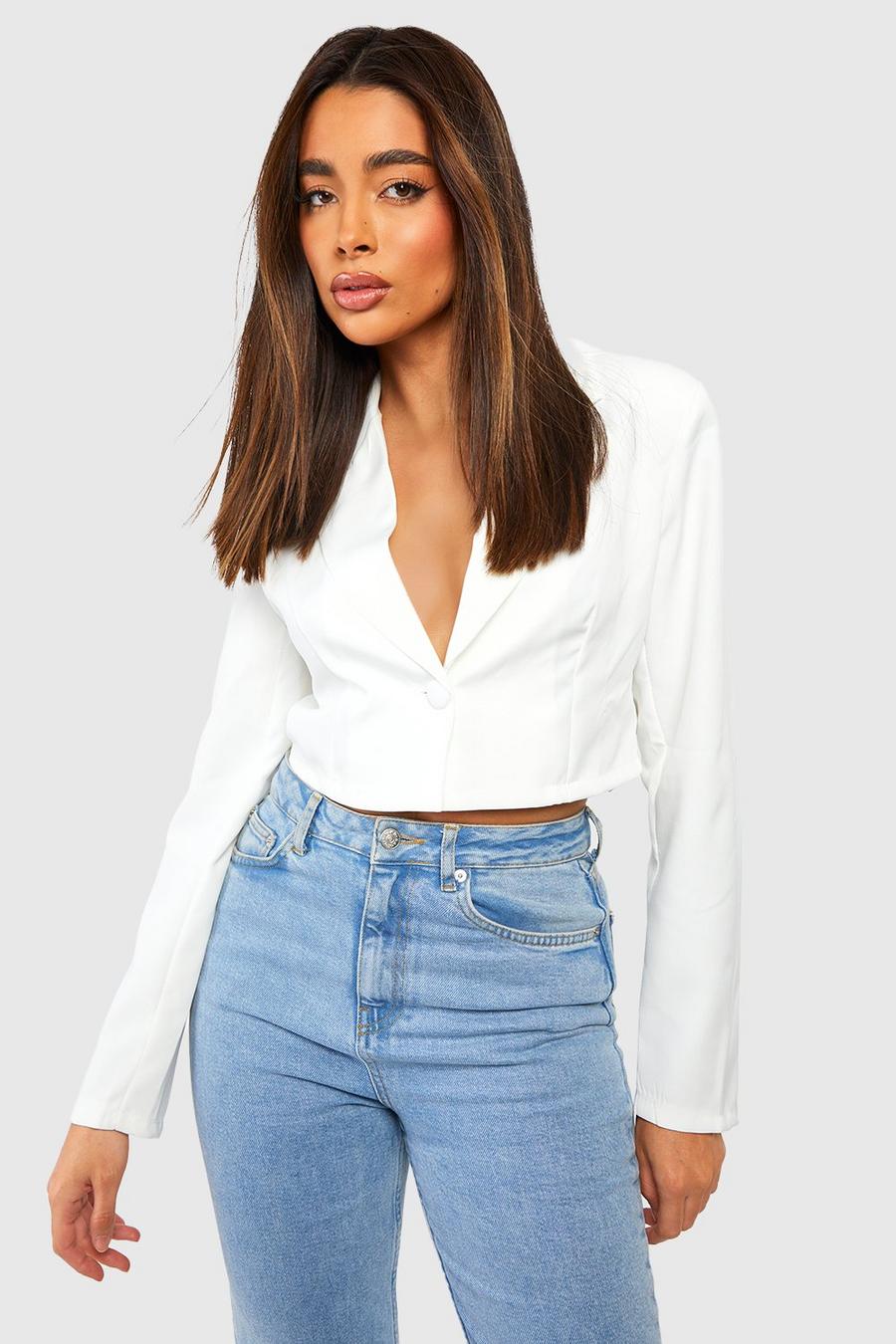 Ivory Basic Woven Relaxed Fit Crop Blazer image number 1