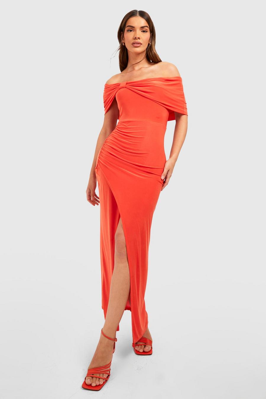 Orange Slinky Off The Shoulder Split Maxi Dress image number 1