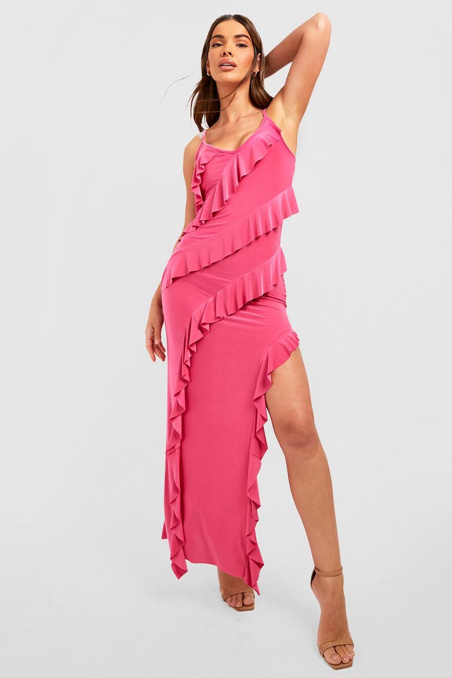 Hot pink Långklänning med slits och volanger image number 1