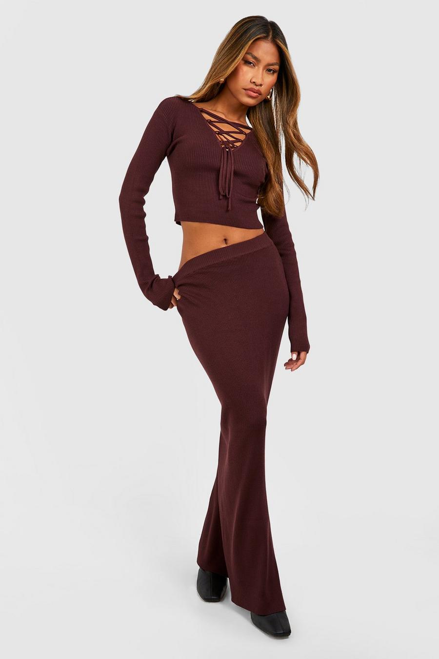 Chocolate brown Rib Knit Lace Up Top And Maxi Skirt Set image number 1