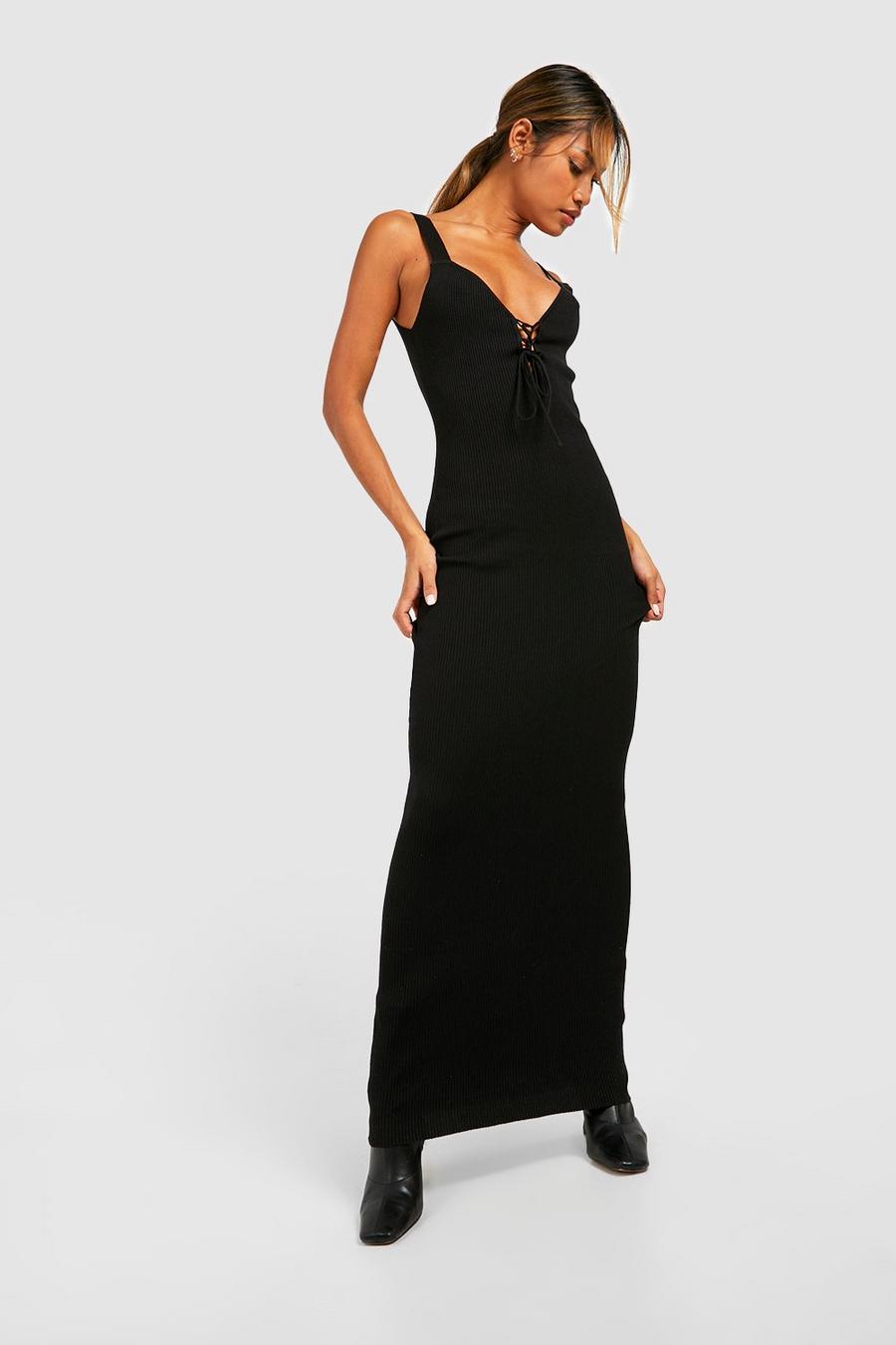Black Plunge Lace Up Rin Knit Maxi Dress image number 1