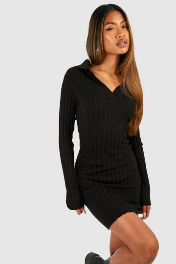 Black Wide Rib Polo Collar Knitted Dress