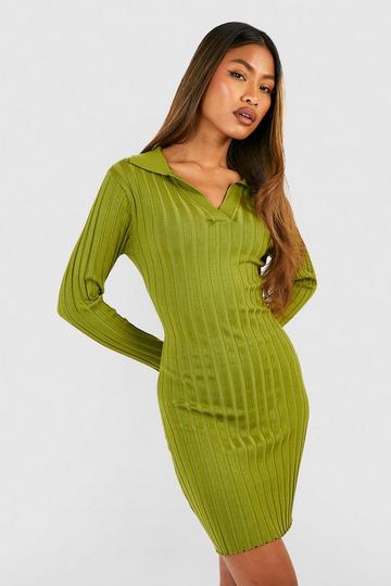 Wide Rib Polo Collar Knitted Dress olive