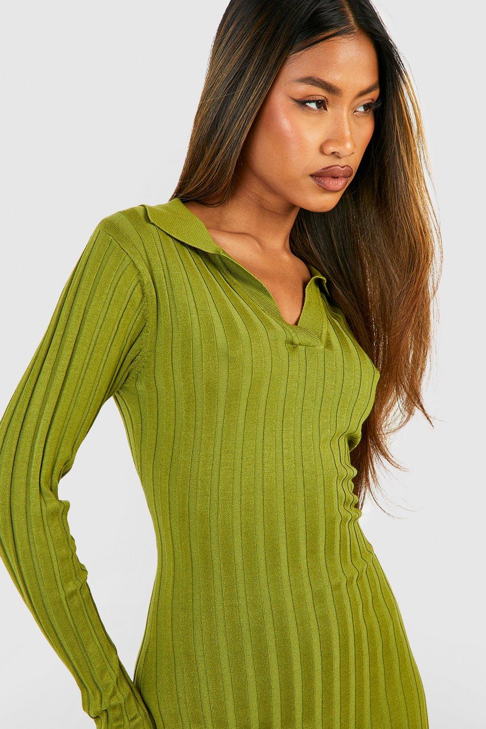 Women's Long Seamless Knit Ribbed Polo Dress - Women's Dresses