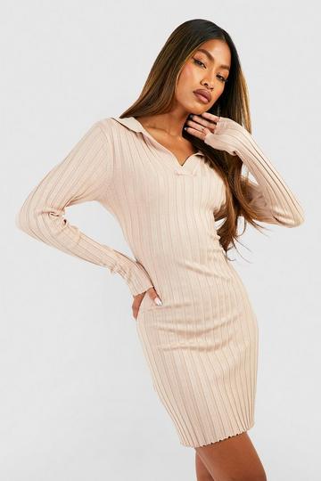 Stone Beige Wide Rib Polo Collar Knitted Dress