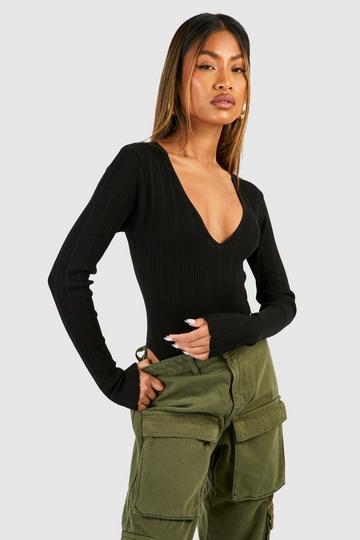 Mixed Rib V Neck Knitted Bodysuit black