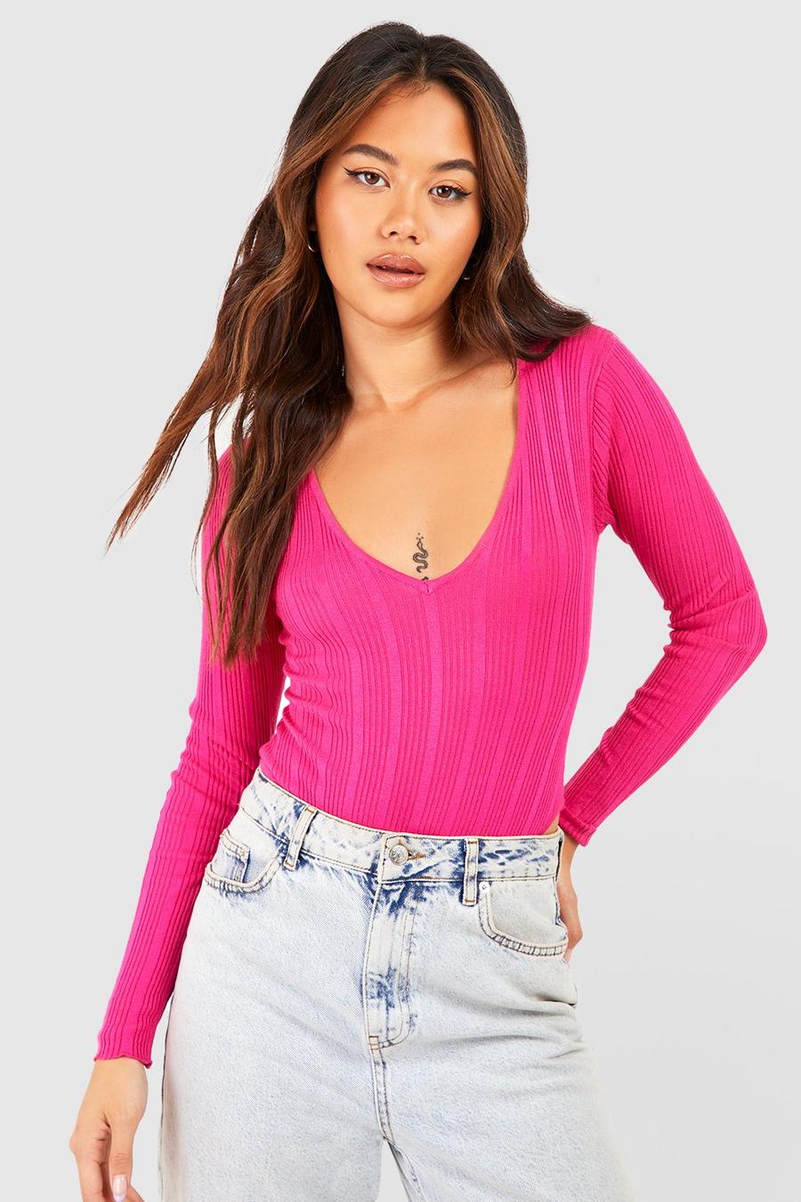 Magenta pink Mixed Rib Knit Bodysuit