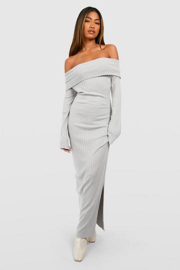 Oversized Off The Shoulder Neckline Knitted Maxi Dress grey