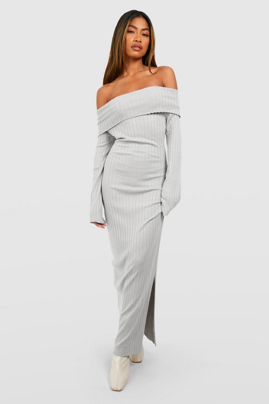Vestito maxi oversize in maglia con scollo Bardot, Grey image number 1