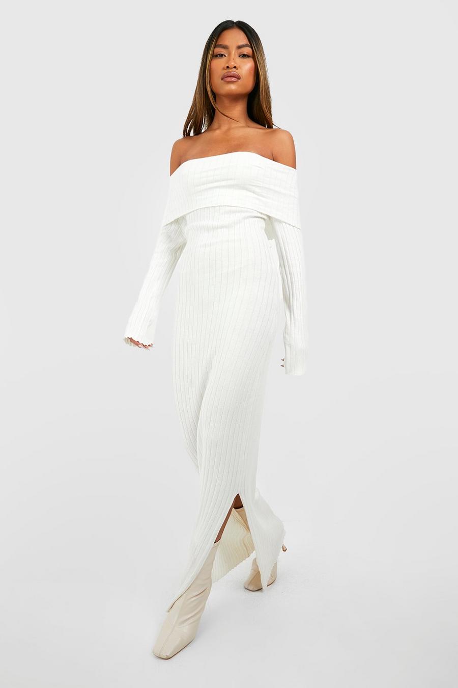 Vestido maxi oversize de punto con escote bardot, Off white