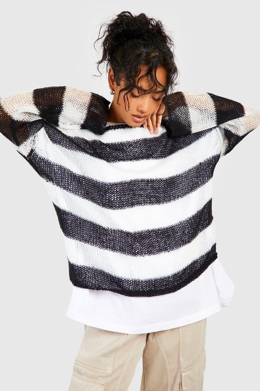 Black Soft Knit Loose Stripe Sweater image number 1