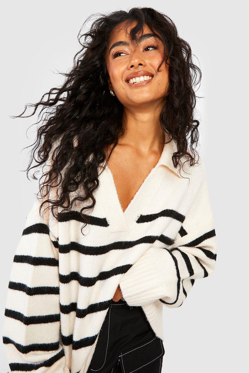 Soft Knit Stripe Polo Collar Jumper | boohoo