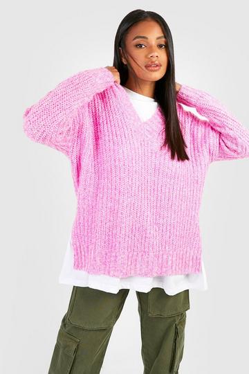Marl Oversized Slouchy V Neck Sweater pink