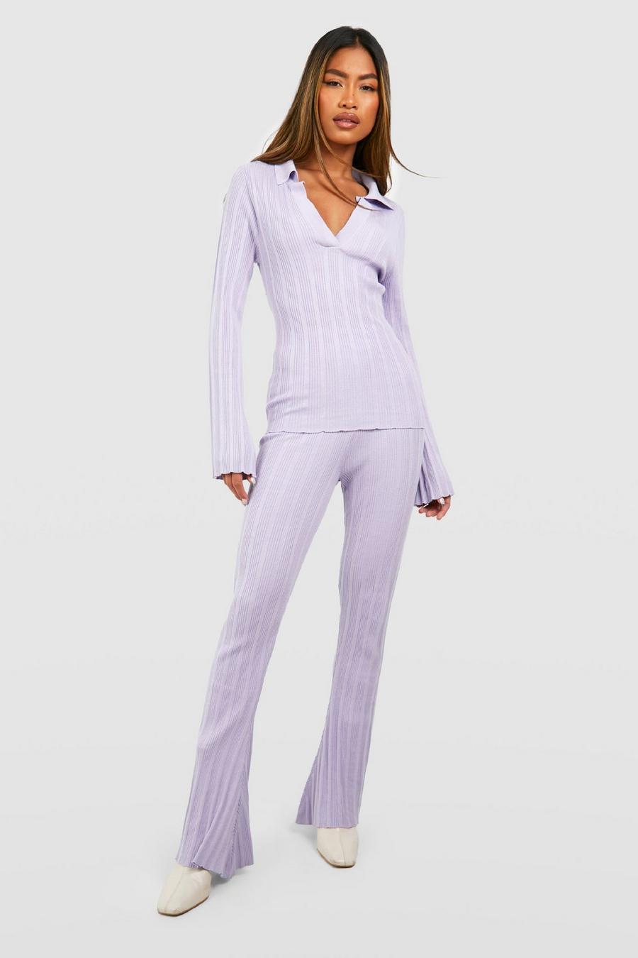 Lilac Mixed Rib Polo Collar Top And Flares Knitted Set