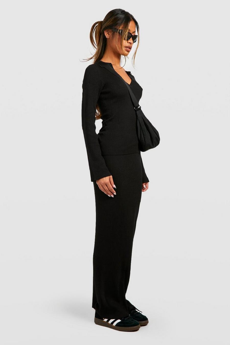 Black Polo Collar Rib Knit Top And Maxi Skirt Set image number 1