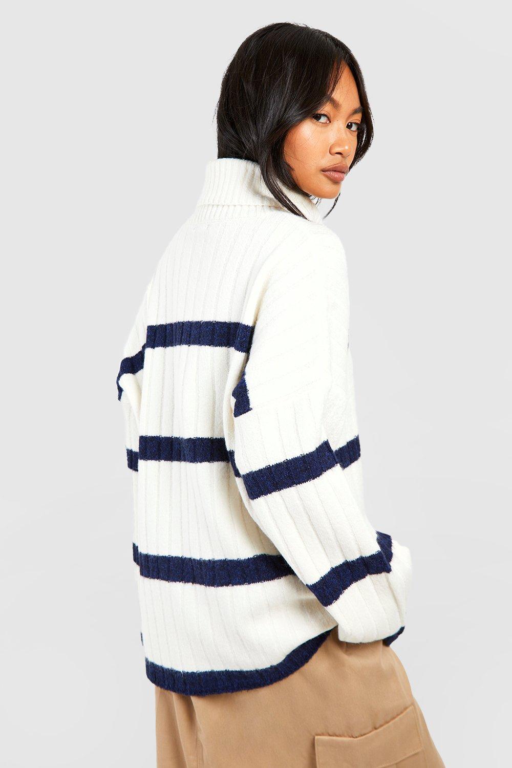 Wide Rib Stripe Turtleneck Sweater