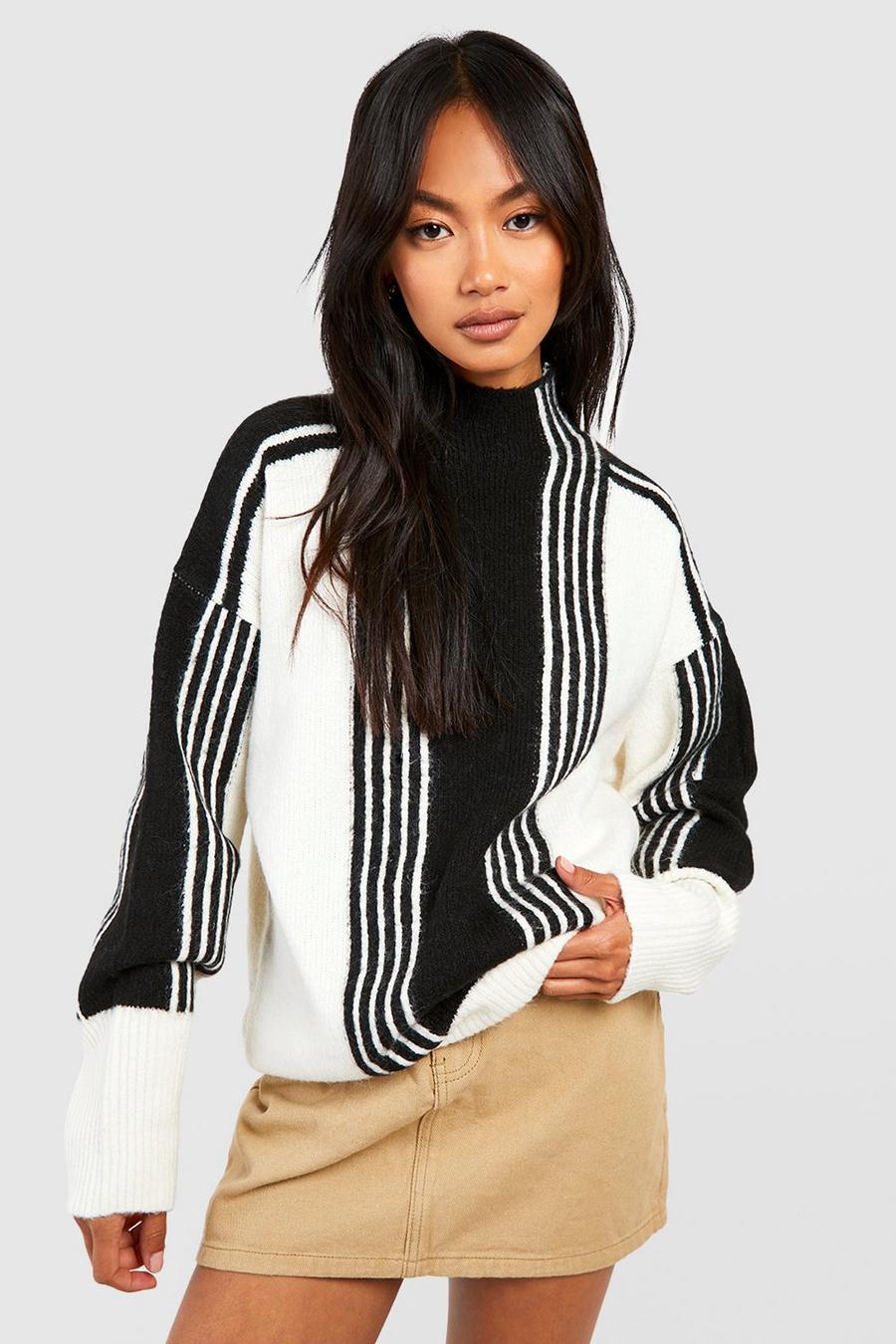 Black Mixed Wide Stripe Oversized High Neck Sweater image number 1