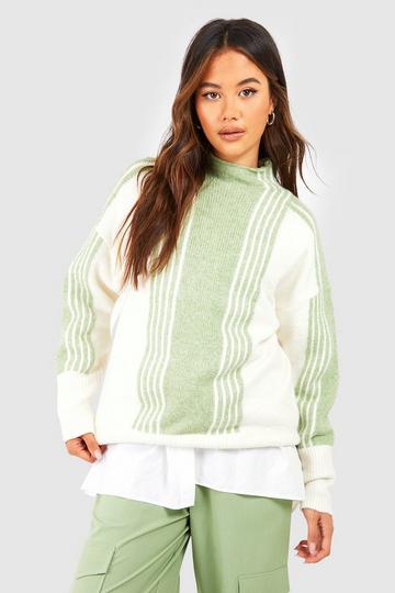 Mixed Wide Stripe Oversized High Neck Sweater green