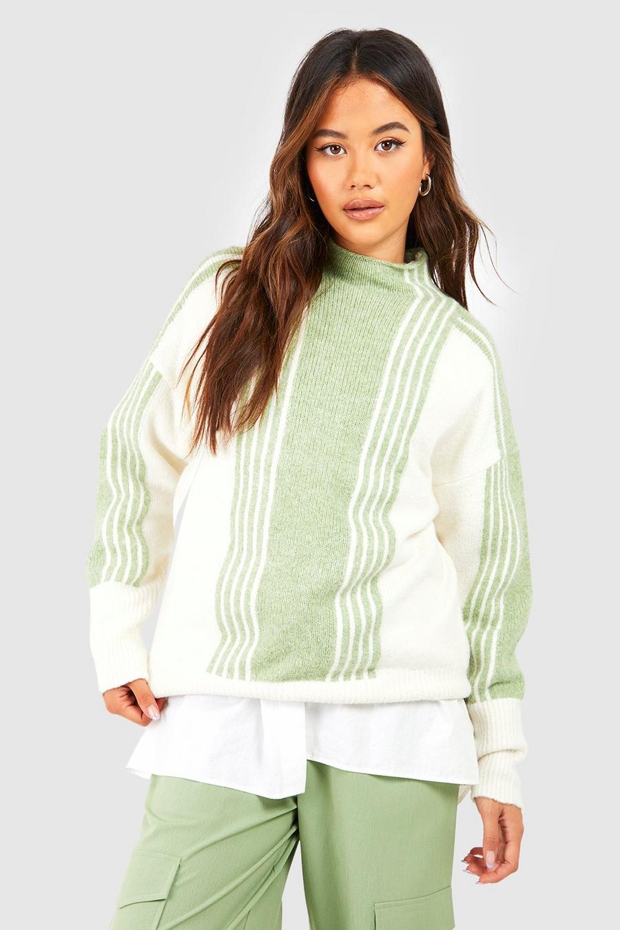 Hochgeschlossener Oversize Pullover mit Streifen, Green