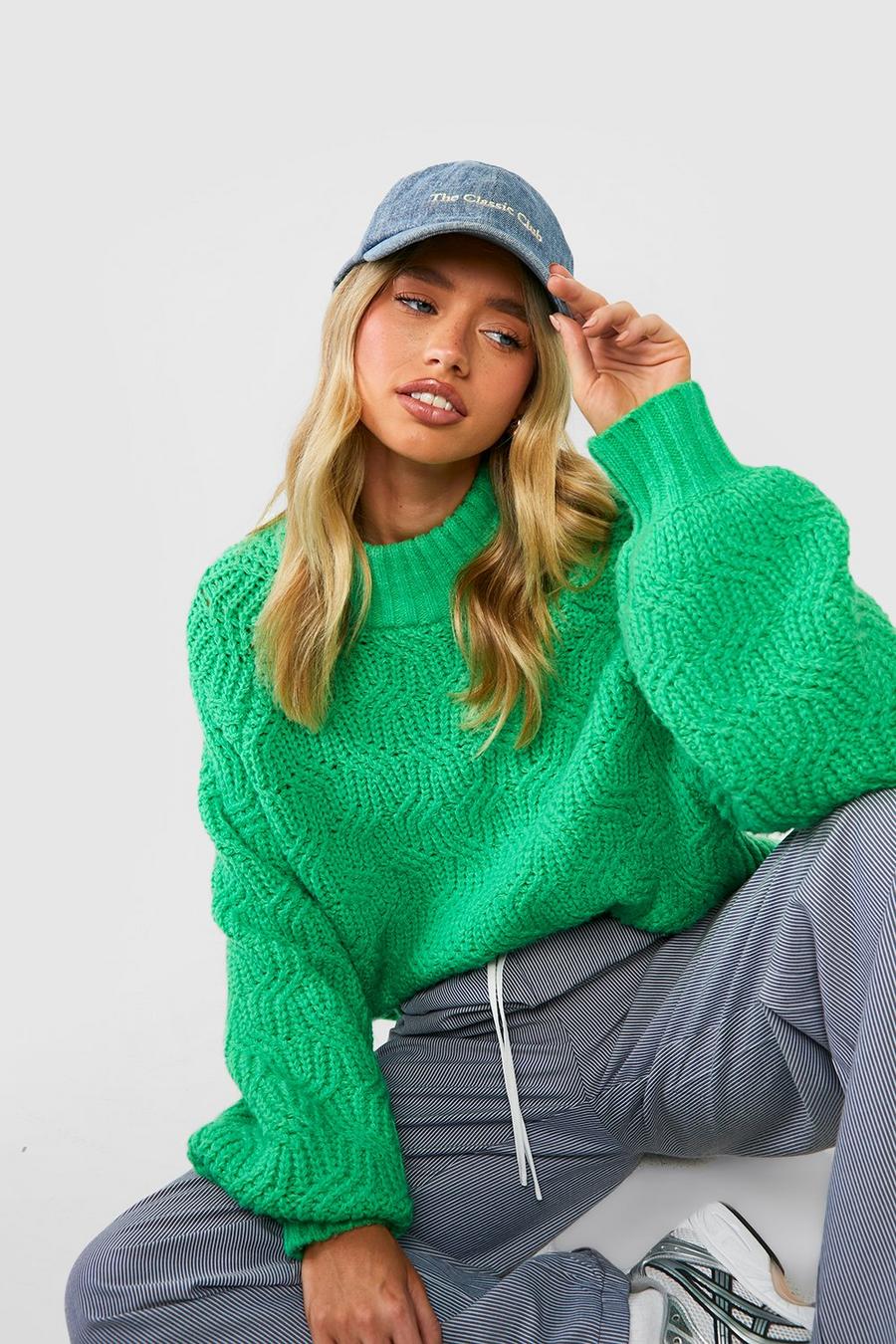 Green High Neck Balloon Sleeve Oversized Jumper image number 1
