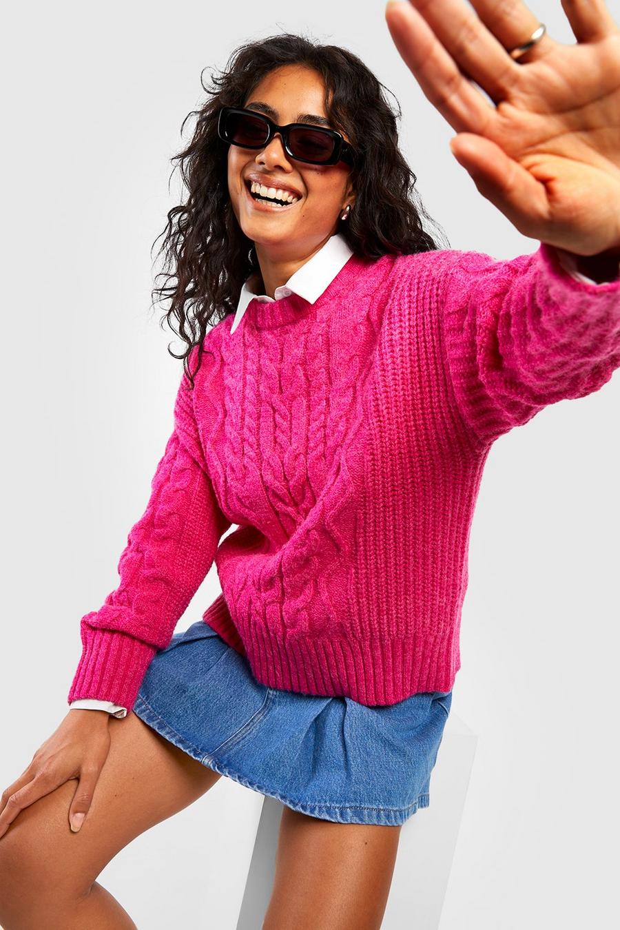 Weicher Zopfmuster-Pullover, Hot pink rosa