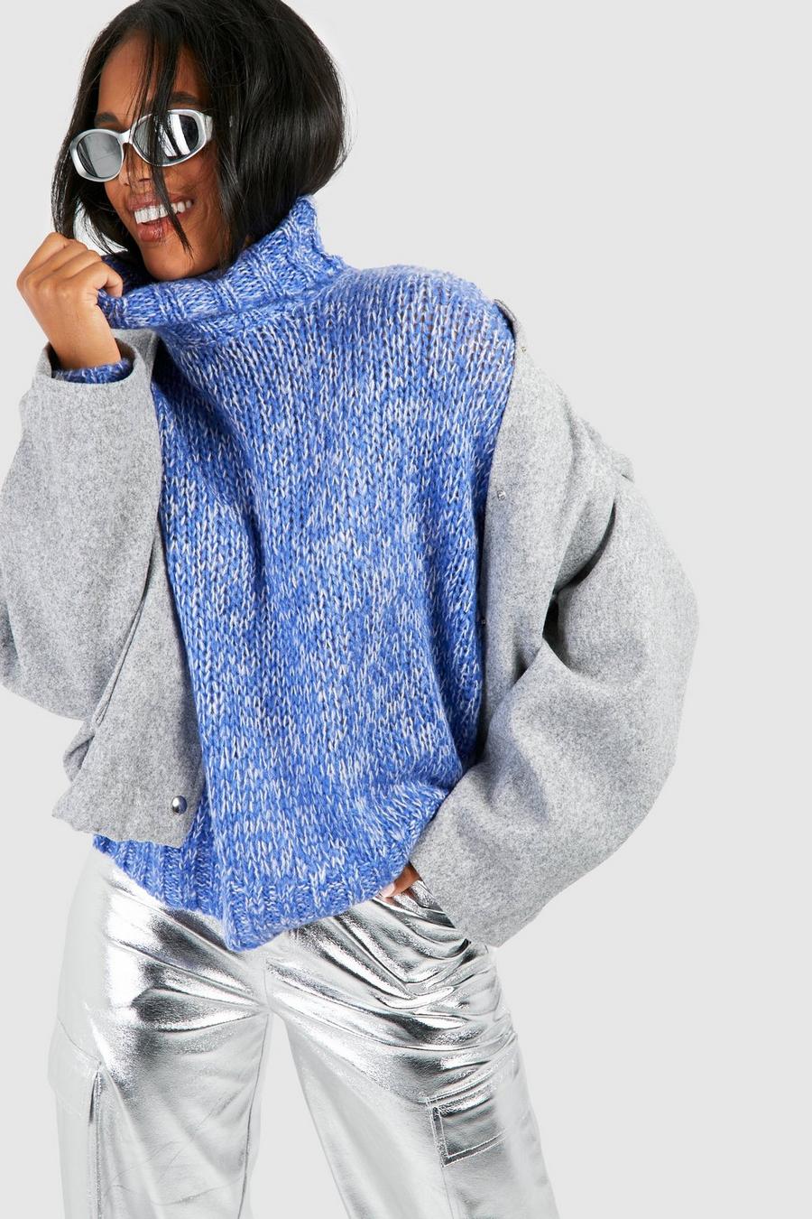 Dusty blue Soft Marl Knit Oversized Turtleneck Sweater image number 1