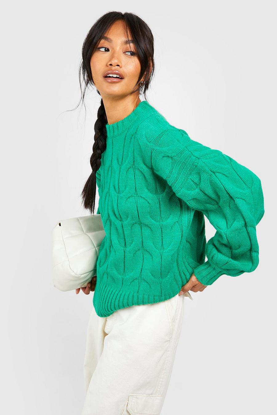 Green Chunky Soft Knit Cable Sweater image number 1