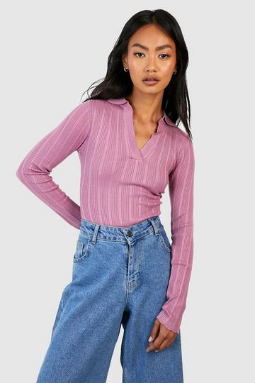 Rib Knit Polo Collar Top mauve