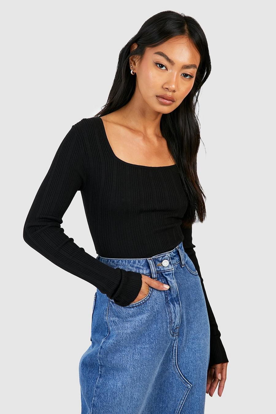 Black Mixed Rib Square Neck Knitted Top
