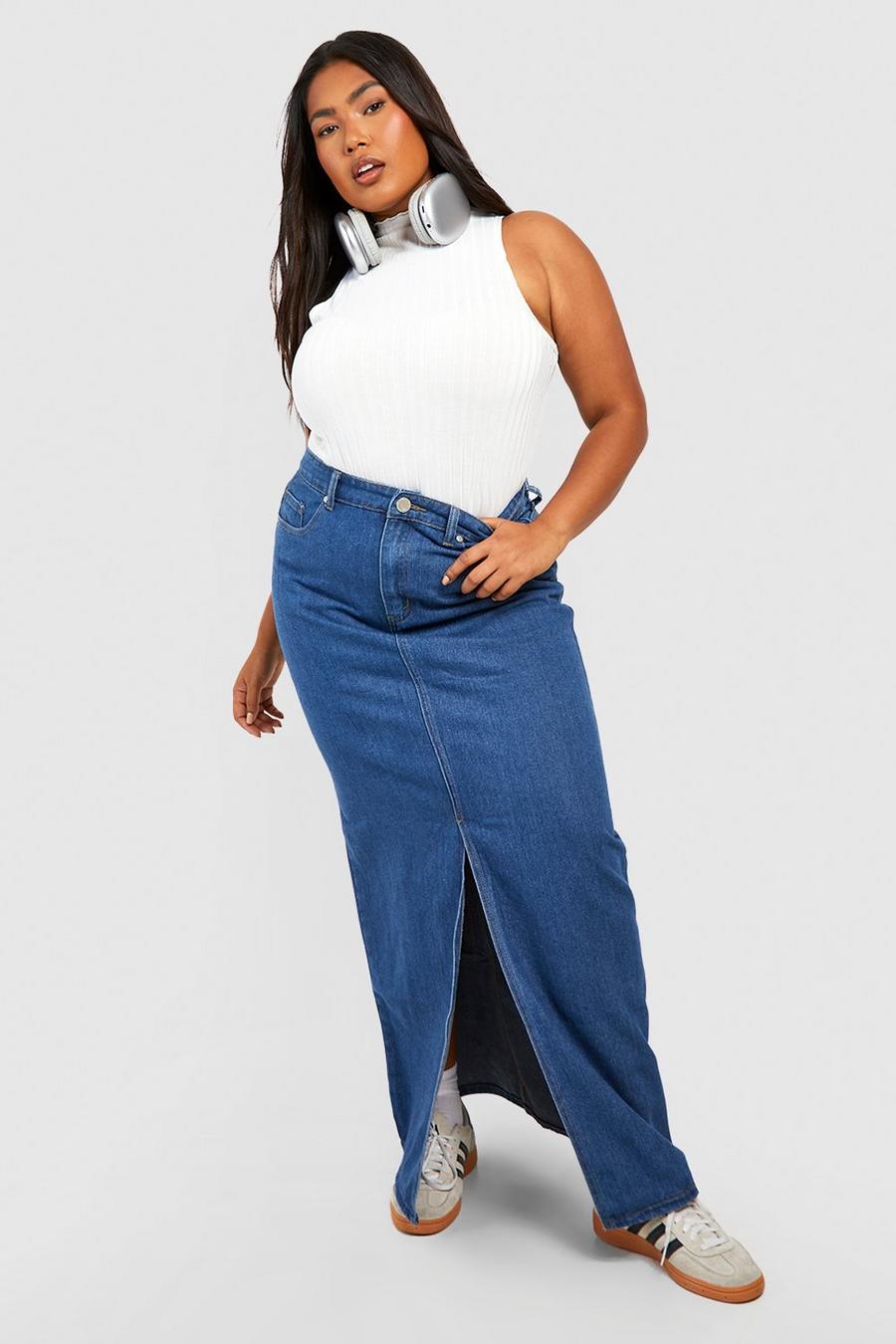 Gonna maxi Plus Size in denim con spacco frontale, Mid blue