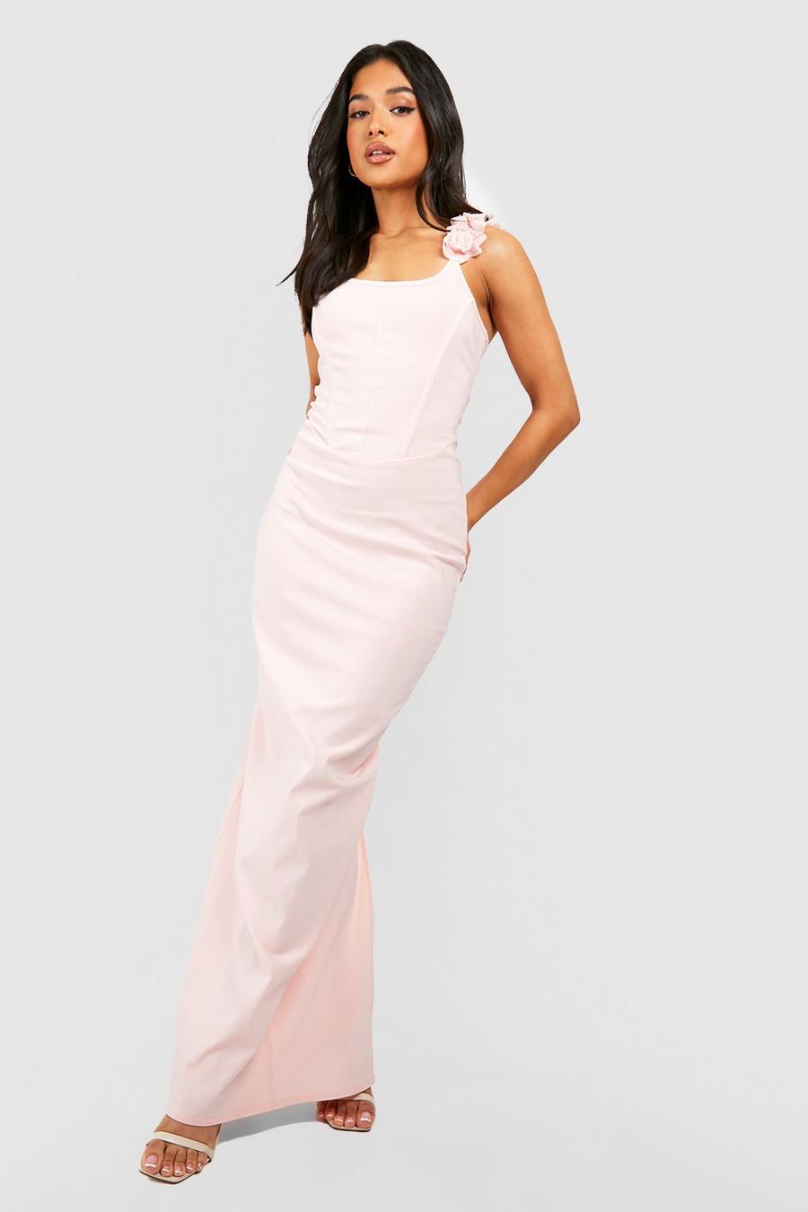 Blush pink Petite Corsage Trim Corset Detail Maxi Dress
