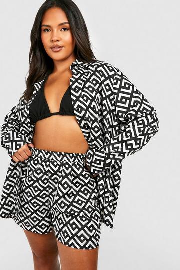 Black Plus Mono Geo Print Shirt & Shorts Two-Piece Set