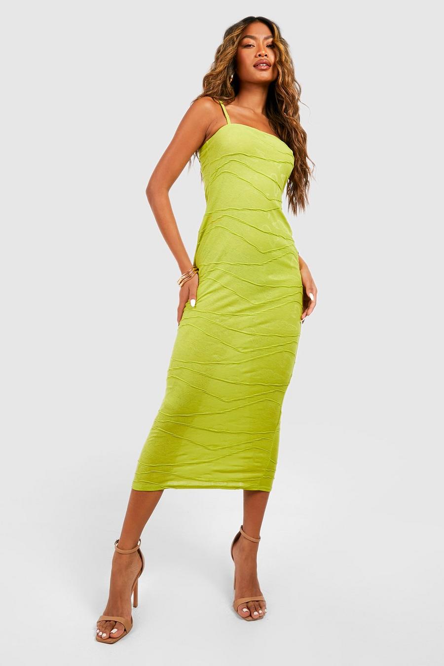 Chartreuse Textured Seam Strappy Detail Midi Dress
