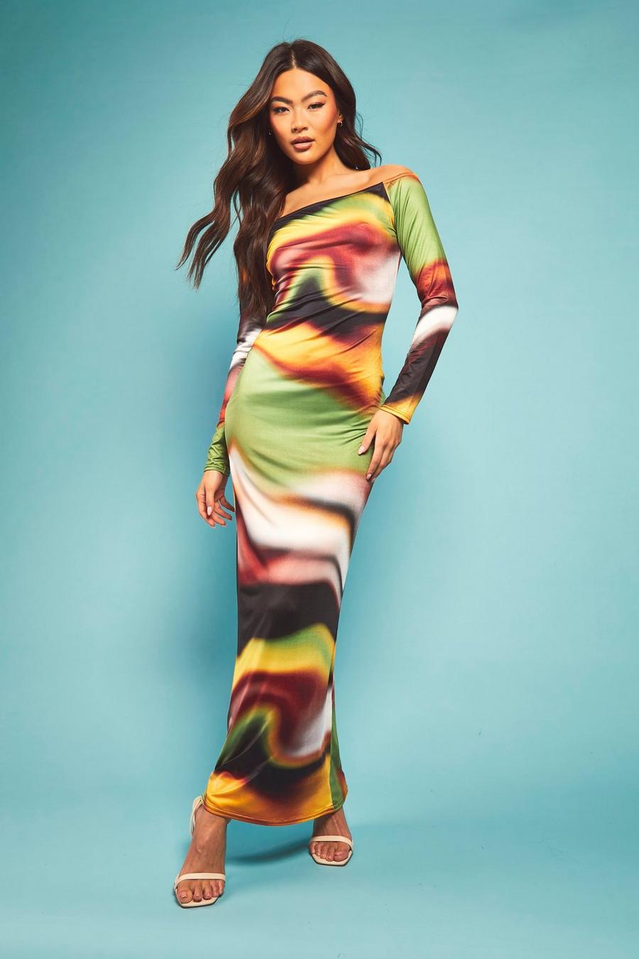 Multi Abstract Print Bardot Maxi Dress image number 1