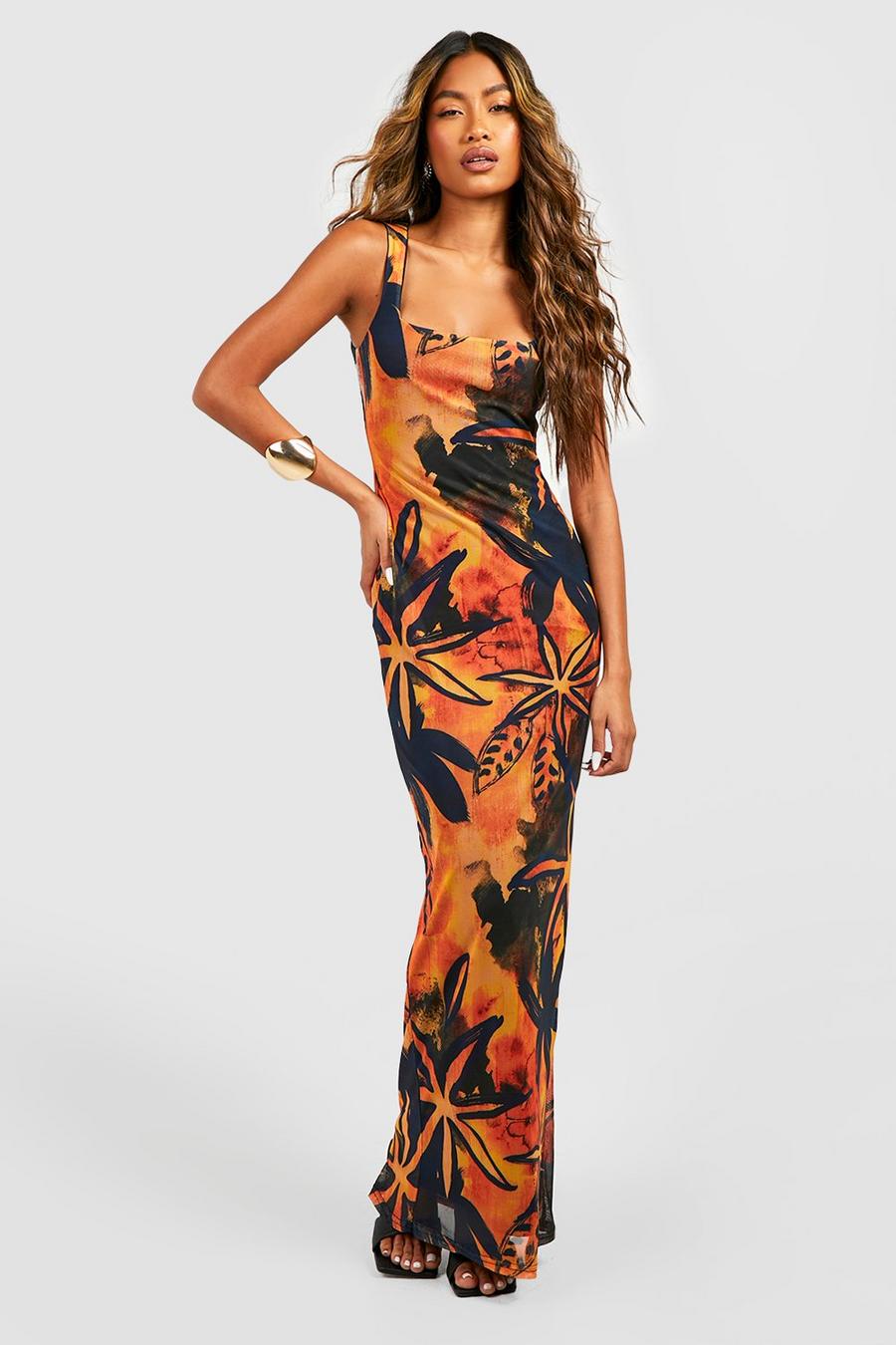 Orange Tropical Mesh Printed Maxi Dress