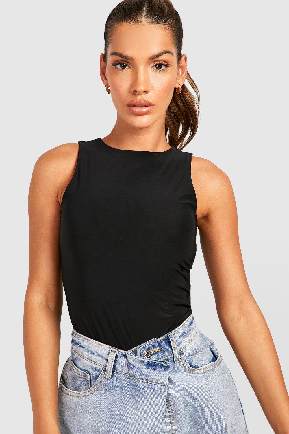 Buy Boohoo Ribbed High Neck Sleeveless Bodysuit Top In Black