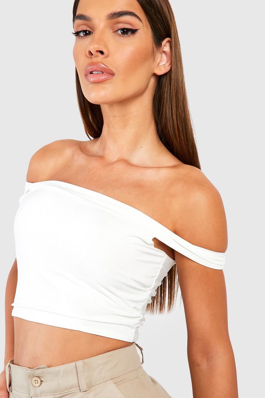 White Double Layer Bardot Crop Top image number 1