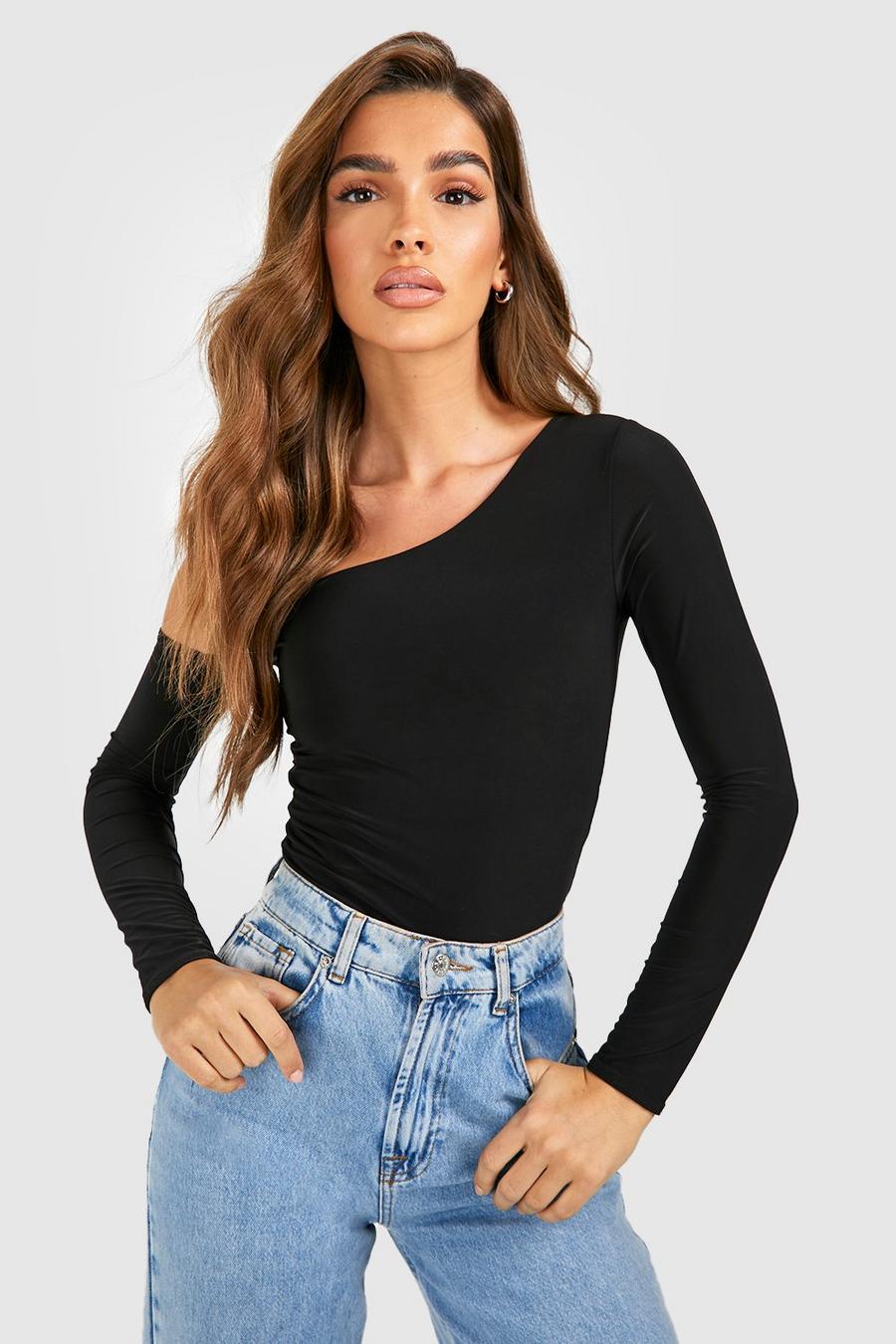 Black Asymmetric Long Sleeve Double Layer Jean Grazer Top image number 1